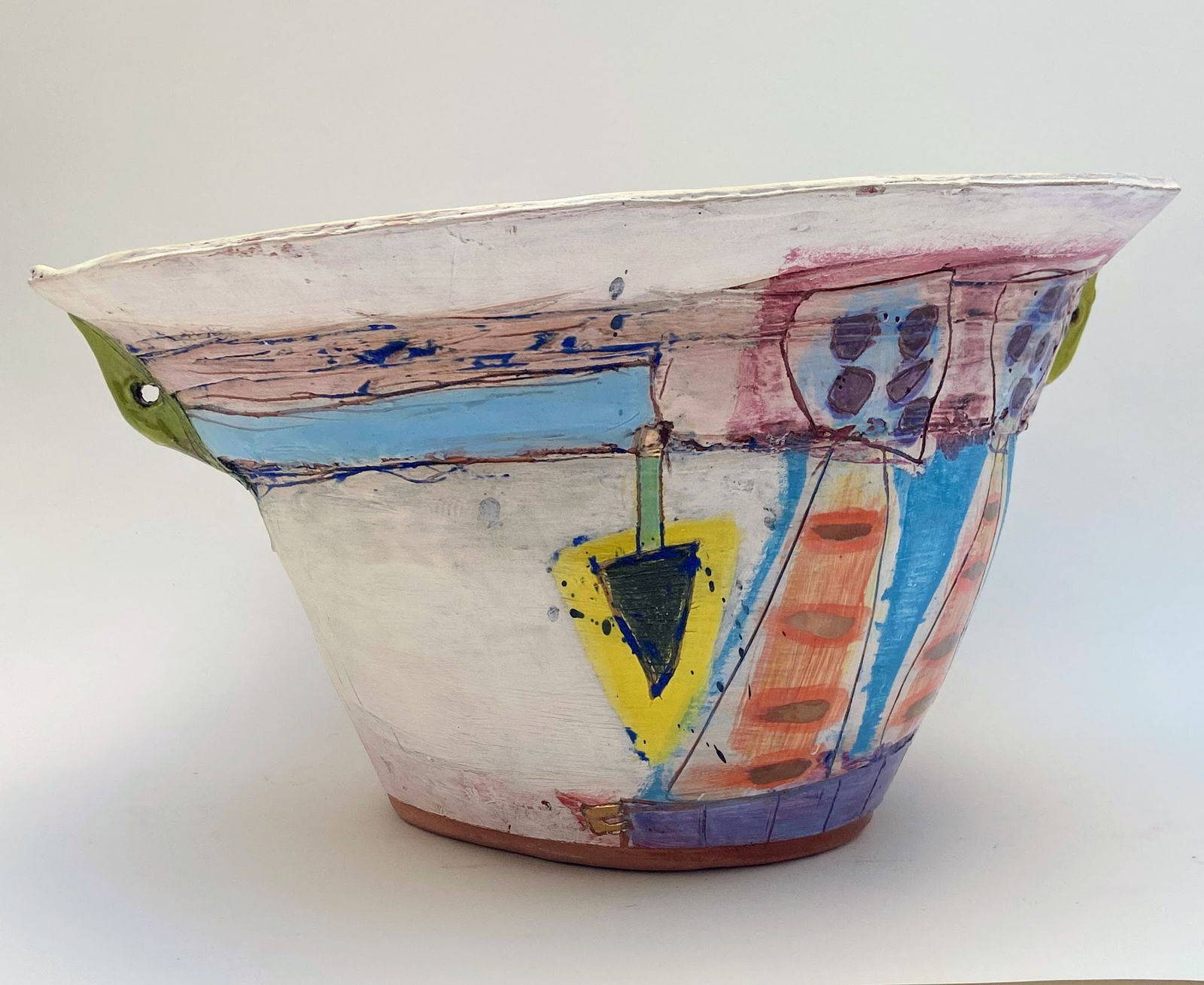Linda Styles, Splayed top bowl, hand built with ultra soft strips of bandage width clay which aids distortion and stressing of the surface plane, 2019 - 20