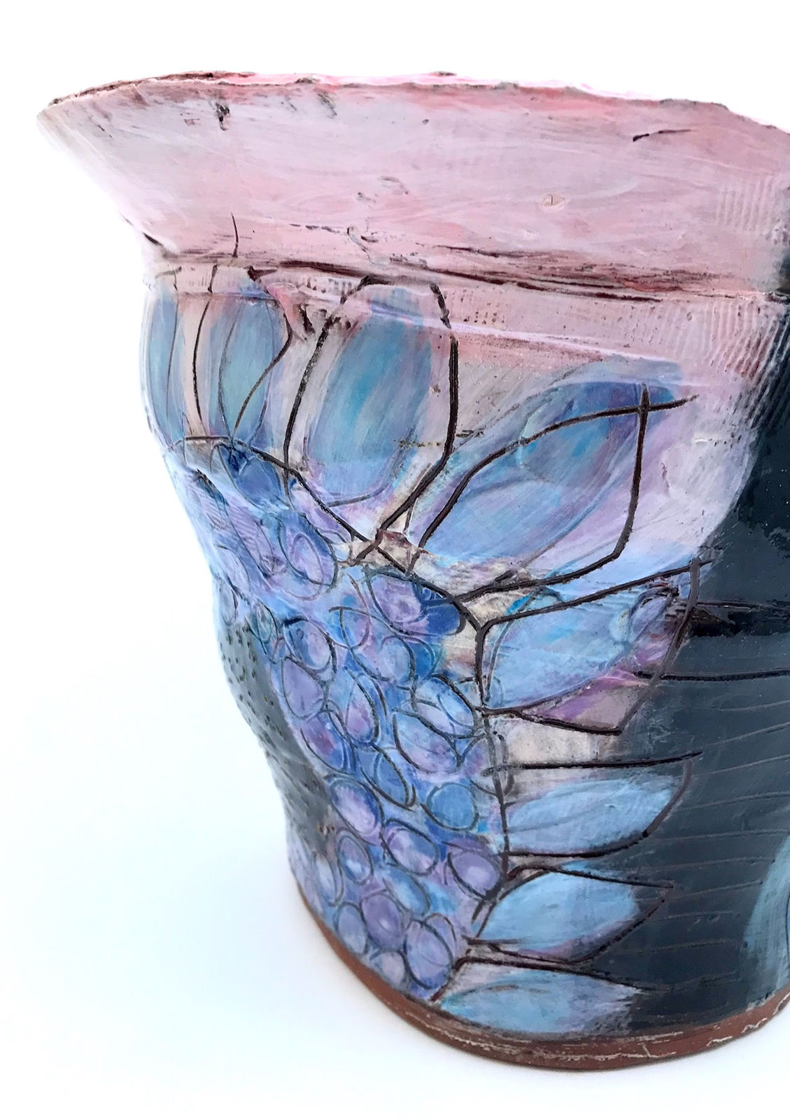 Linda Styles, Lilac toned, floral themed, pink rimmed jug with gold disc and focal point detail, 2021