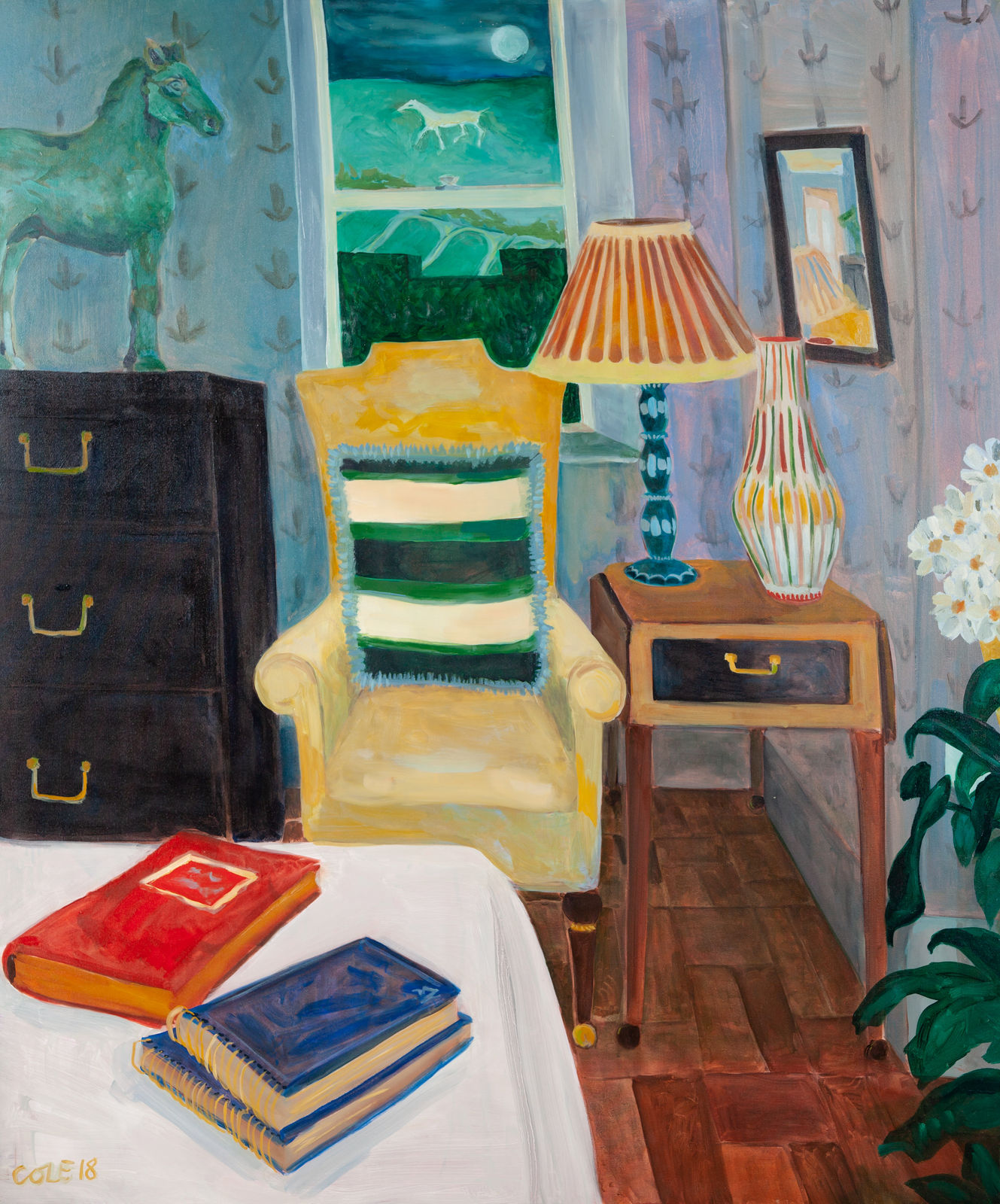 Lottie Cole, Interior with Elisabeth Frink Horse & Alton Barnes Horse_oil on canvas_120x100cm, 2017