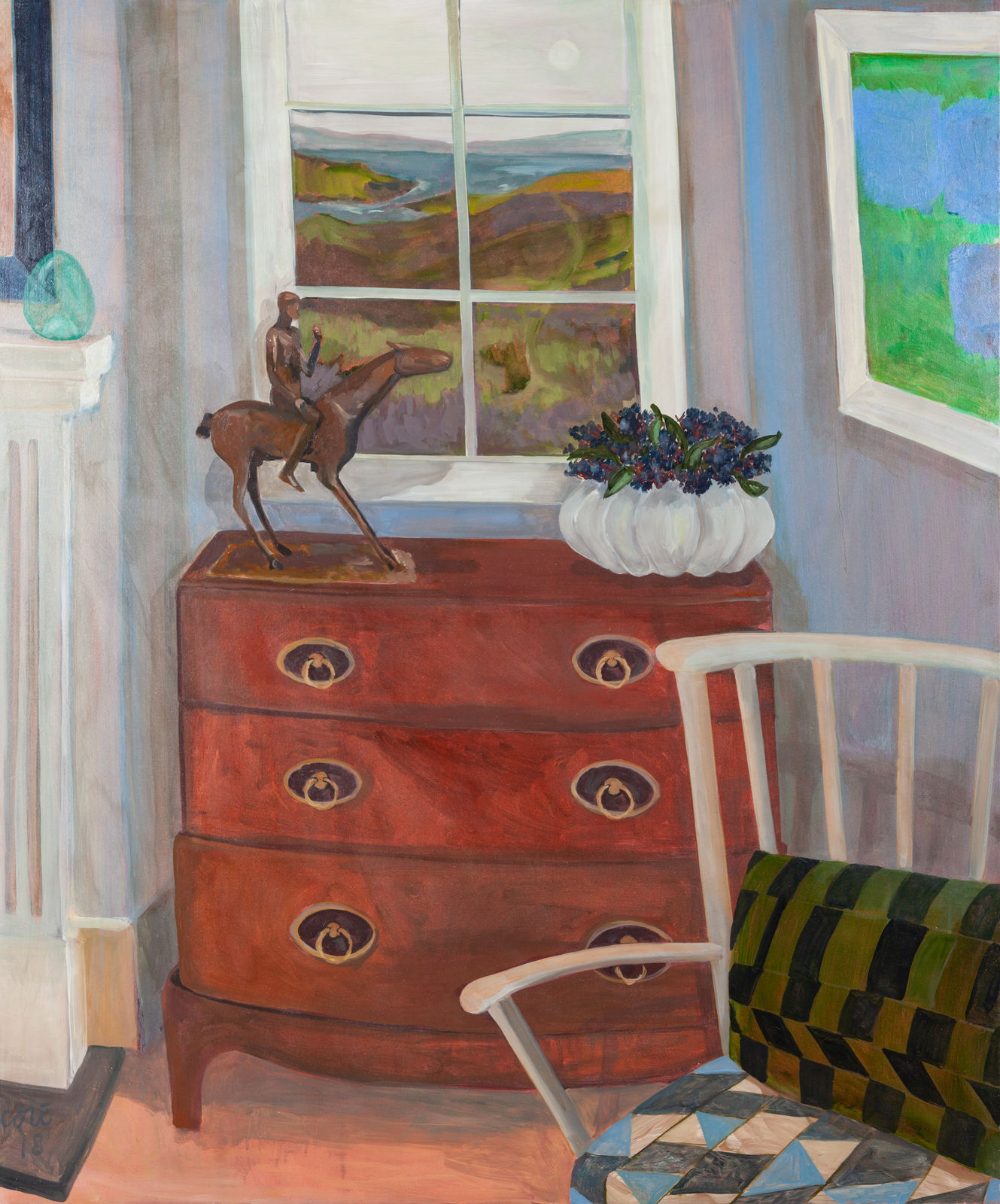 Lottie Cole, Interior with Elisabeth Frink Horse & Rider, Patrick Heron & Elderflower vase Oil on Canvas 1
