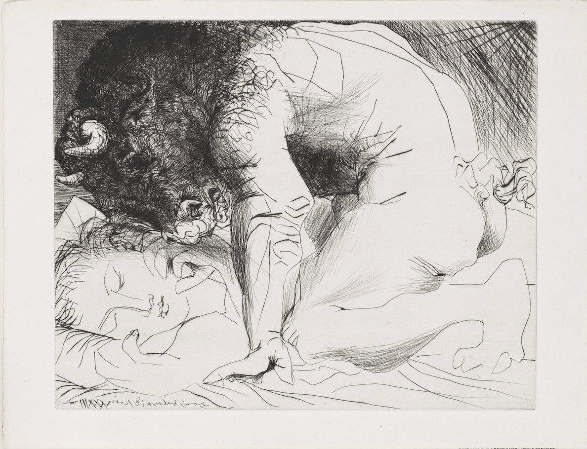 Pablo Picasso, Minotaur Caressing a Sleeping Woman (Minotaure caressant du mufle la main d'une dormeuse), 1933