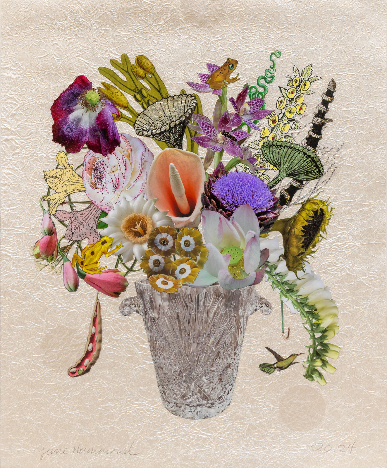 Jane Hammond, Crystal Champagne Bucket with Foxglove, Ranunculus and Lotus, 2024