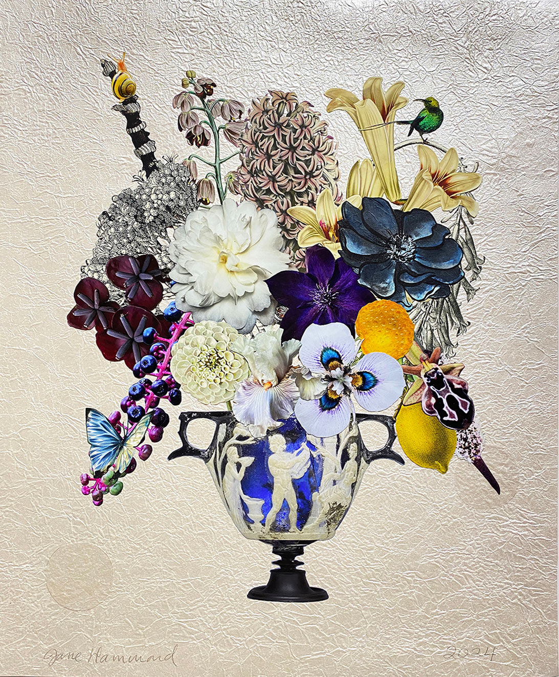 Jane Hammond, ON LOAN Cameo Glass Skyphos with Hyacinth, Bee Orchid and Pokeberries, 2024