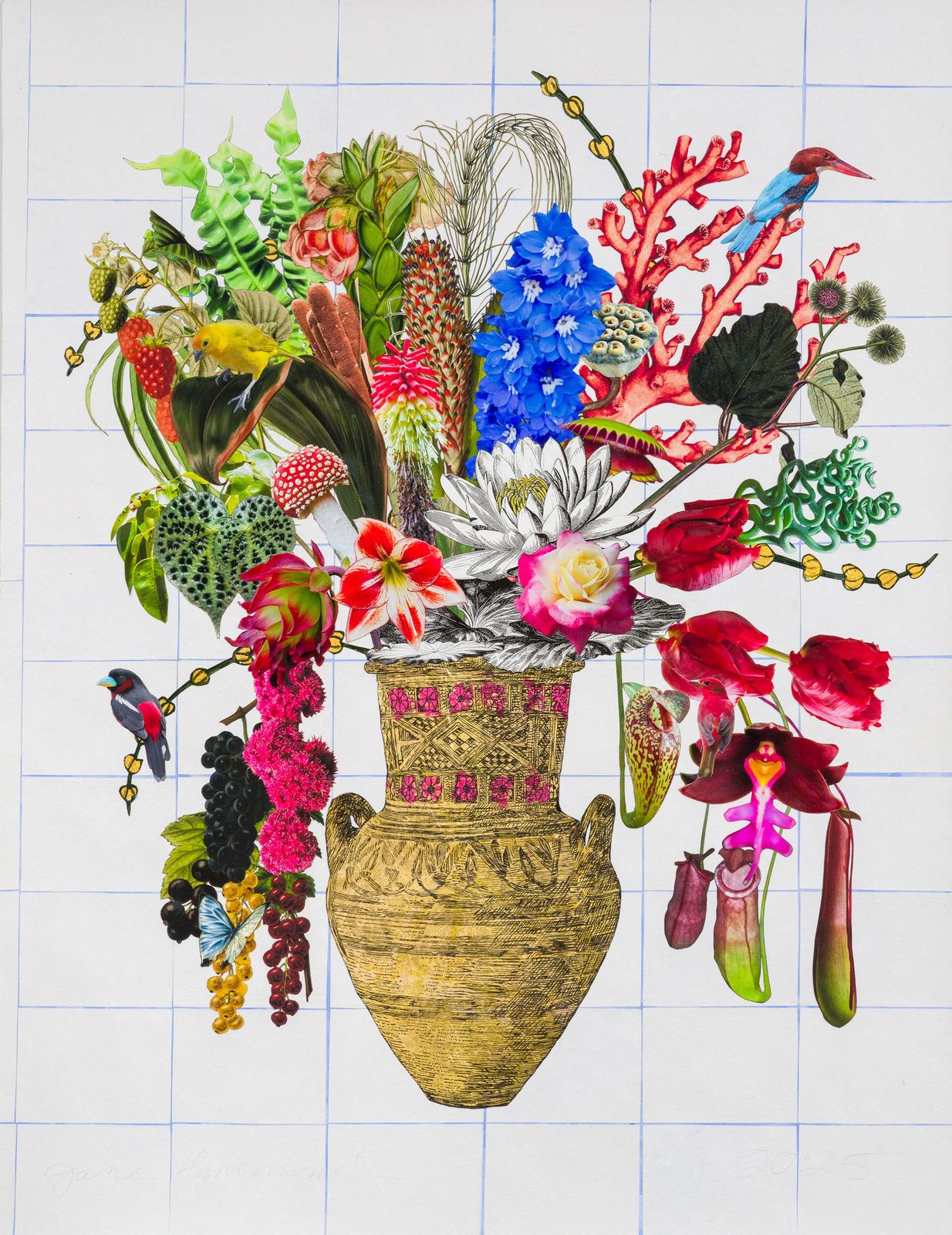Jane Hammond, Phoenician Vase with Raspberries, Pitcher Plants and White-Throated Kingfisher, 2026