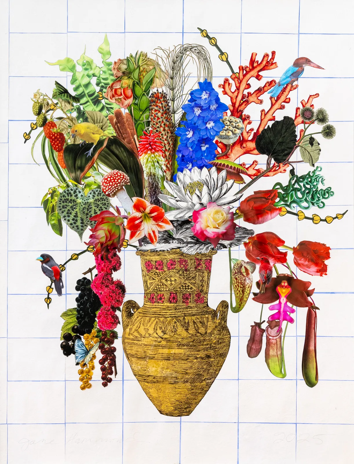 Jane Hammond, Phoenician Vase with Raspberries, Pitcher Plants and White-Throated Kingfisher, 2026