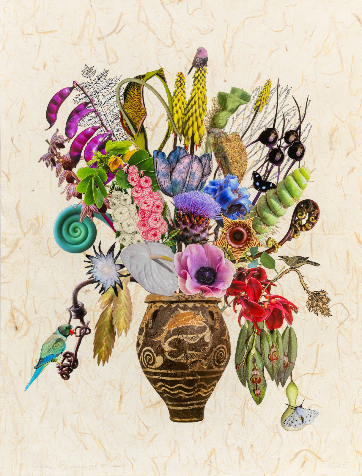 Jane Hammond, Minoan Fish Vase with Tree Fern, Hyacinth Beans and Monkey Face Orchid, 2025