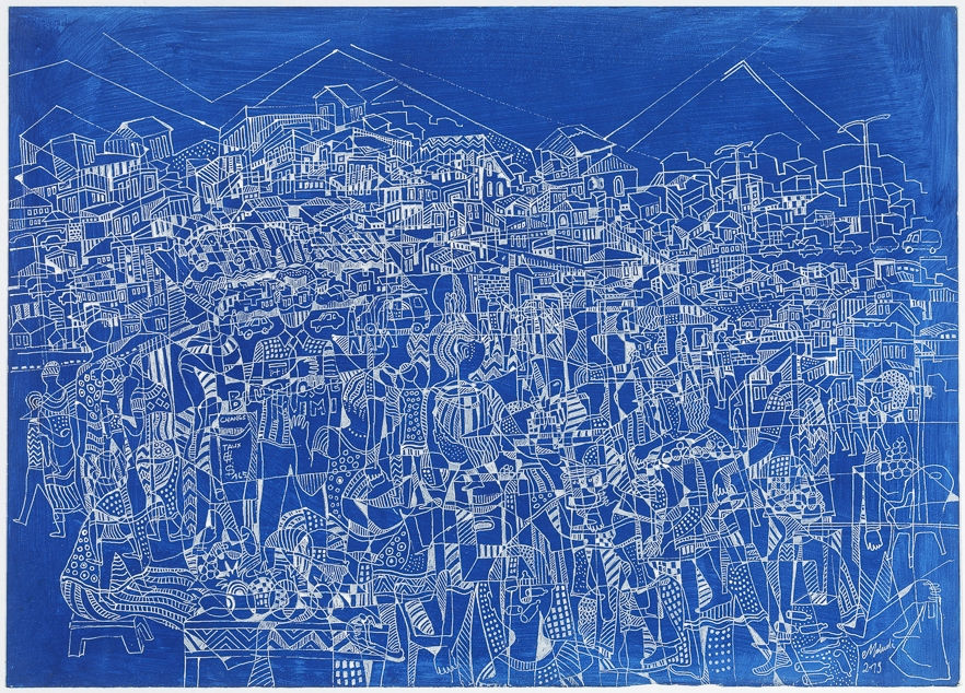 Houston Maludi La vie dans la cité VI Encre de Chine sur papier 69,5 x 50 cm
