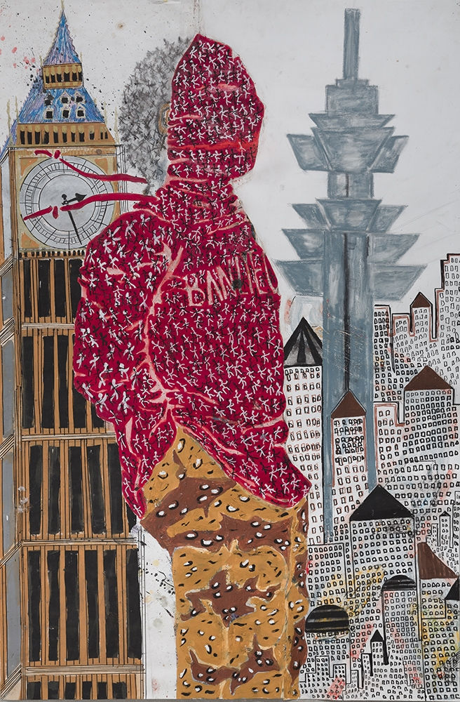 Kura Shomali Big ben Gouache, peinture acrylique, pastels, stylos, crayons, Poska sur papier Canson 150 x 98 cm 59 x 38,5 inches