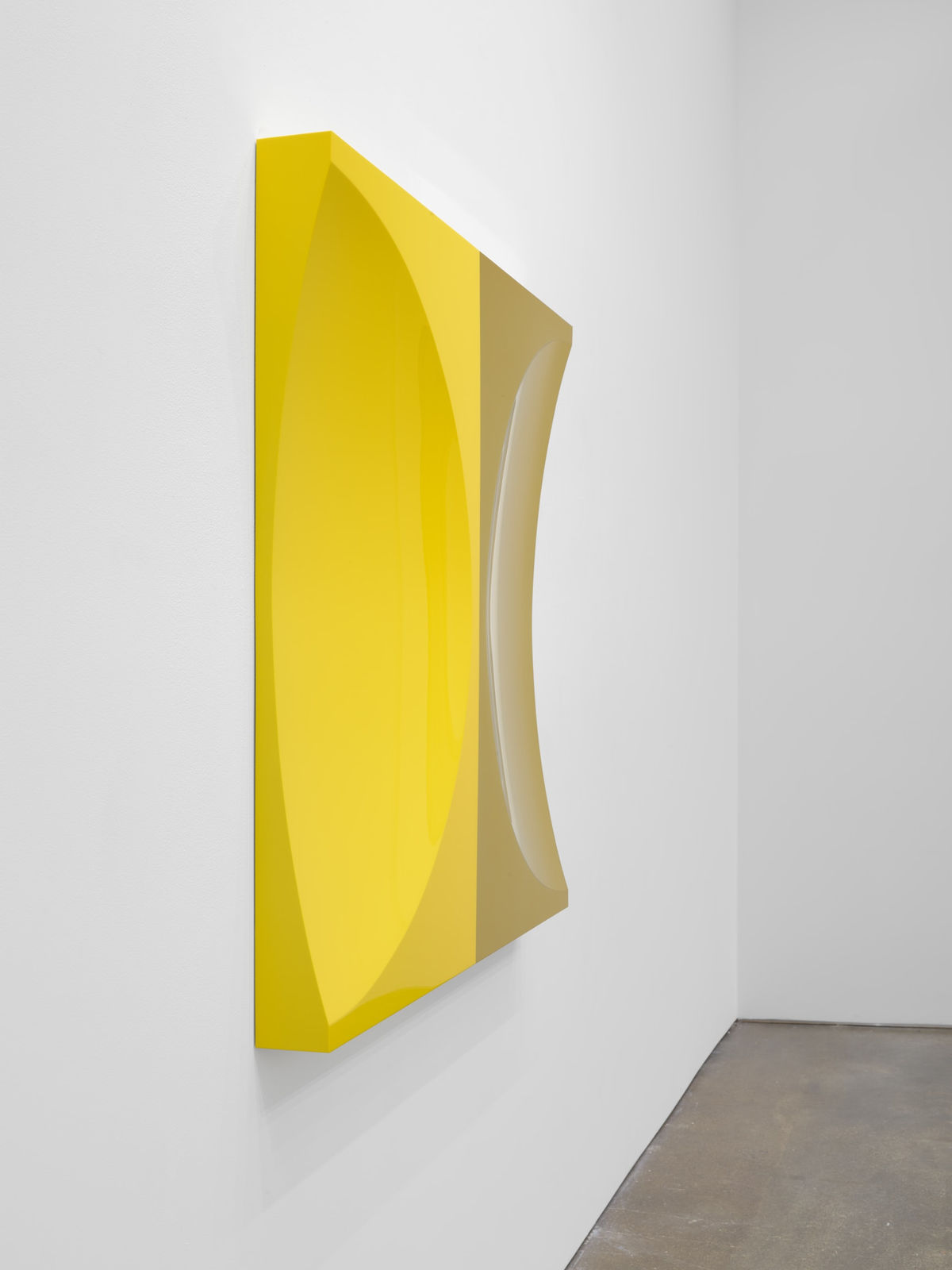 Mark Eisen, Gold square with two concave half circles and yellow rectangle, 2021