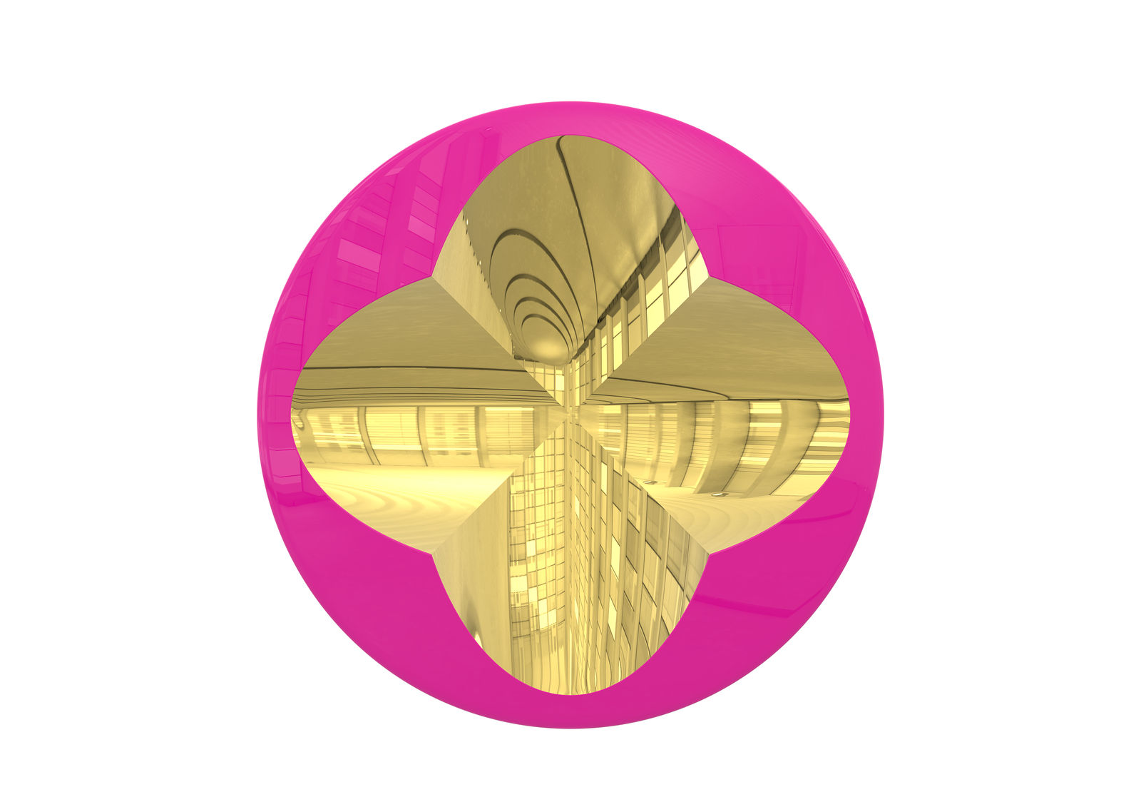 Mark Eisen, Fuchsia disc with 2 perpendicular concave gold ellipses, TBC