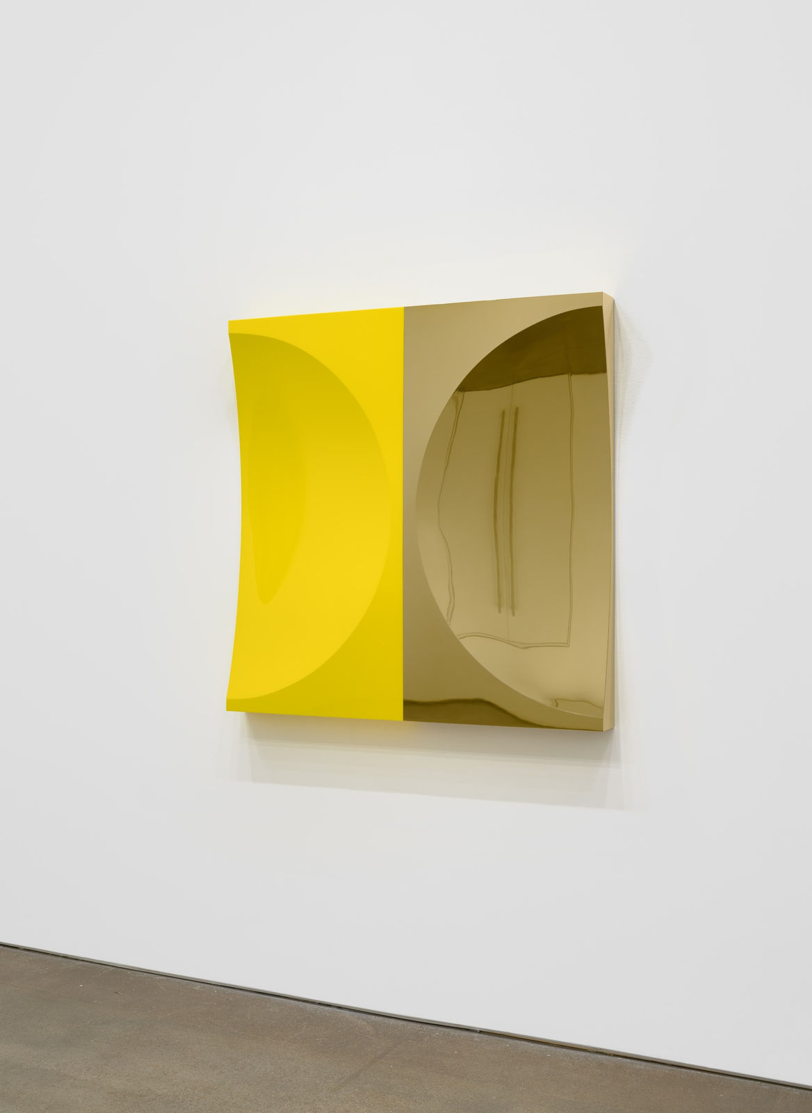 Mark Eisen, Gold square with two concave half circles and yellow rectangle, 2021