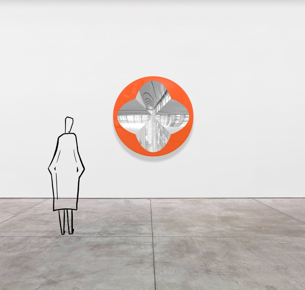 Mark Eisen, Fuchsia disc with 2 perpendicular concave gold ellipses, TBC