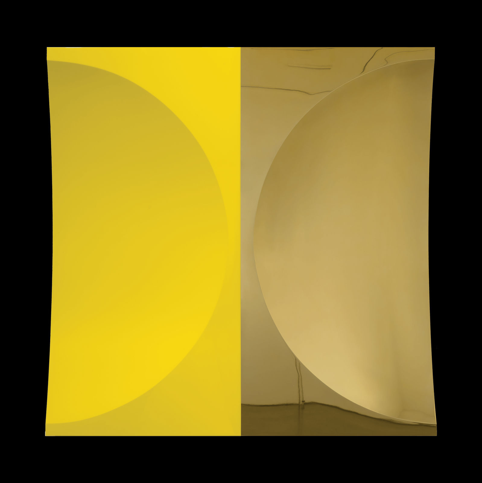 Mark Eisen, Gold square with two concave half circles and yellow rectangle, 2021