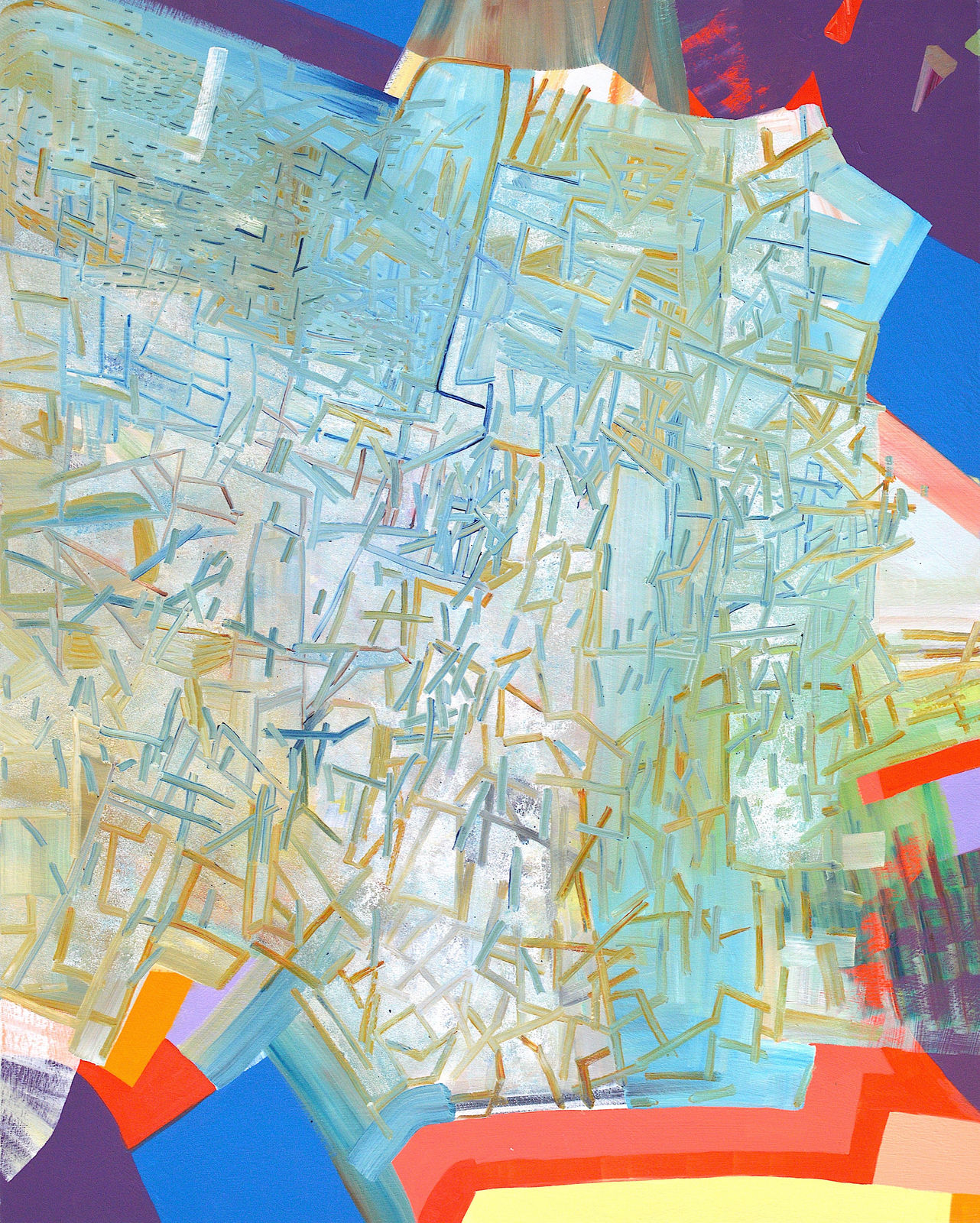 abstract oil painting with shapes edging into all of the borders except the left one. The rest of the paining is a wash of light blue with many small yellow and blue lines covering it.