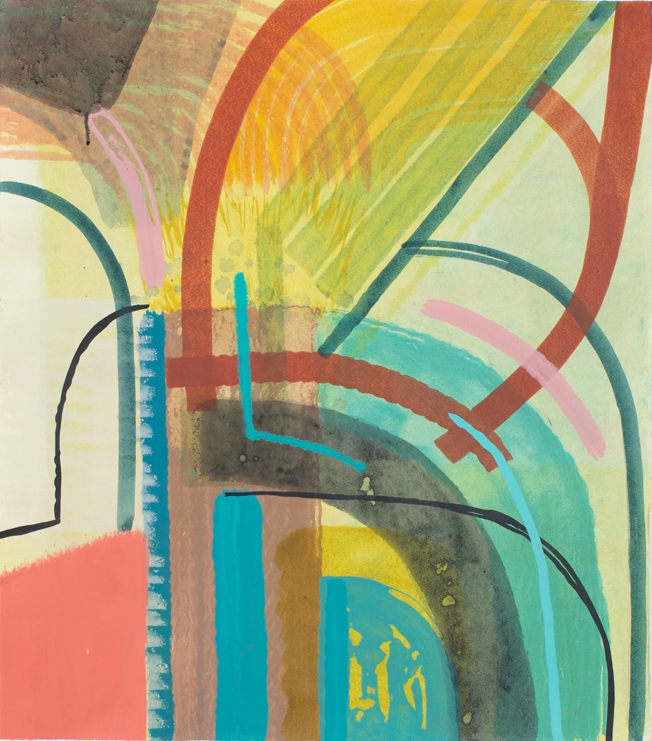 abstract painting with geometric shapes in the background, and bolder lines echoing those shapes in the foreground.