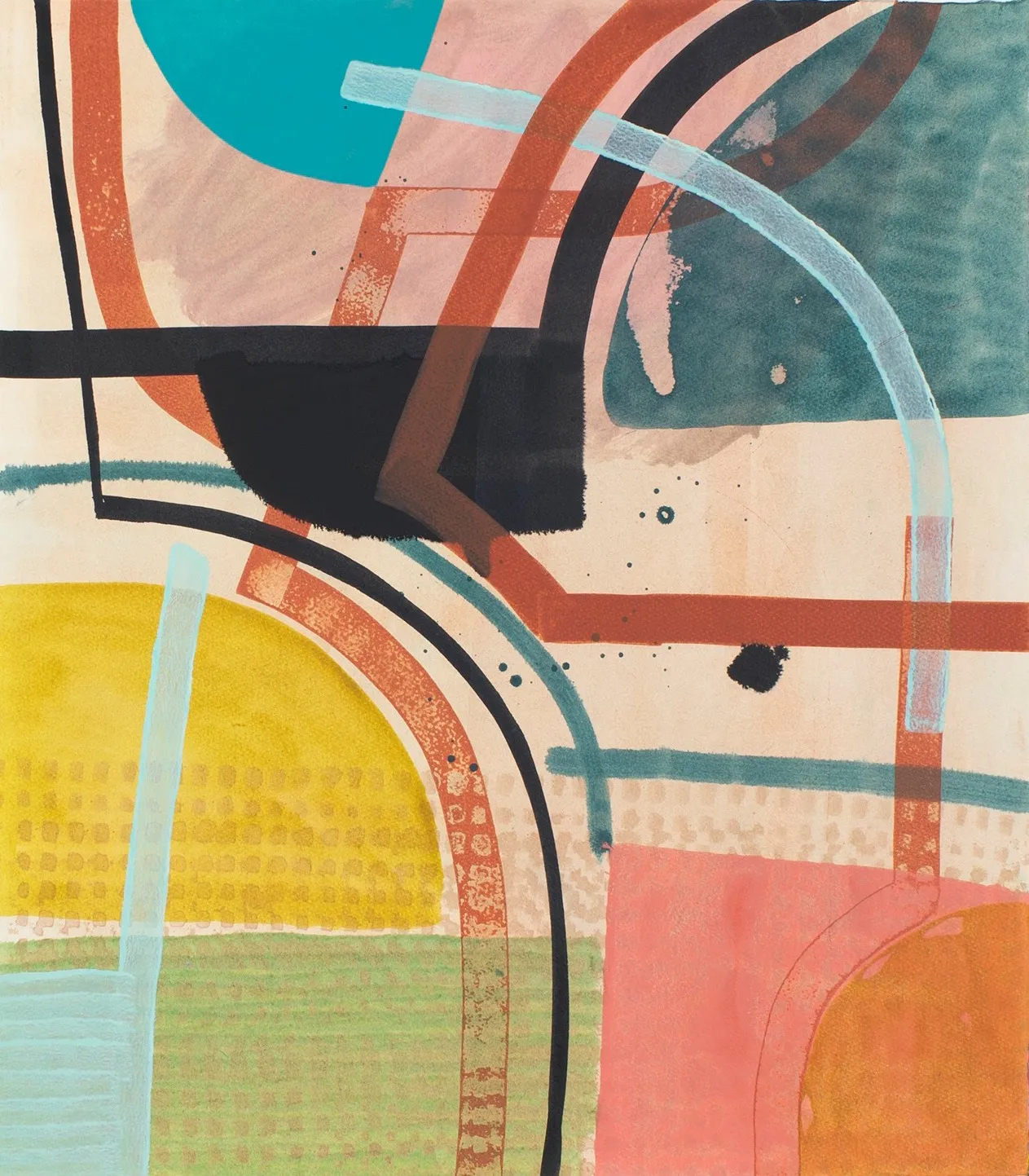 abstract painting of blocky shapes with some linear shapes on the surface.