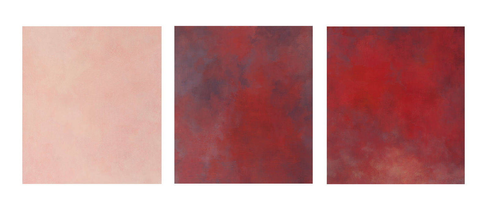 three panel red and pink abstract atmospheric painting