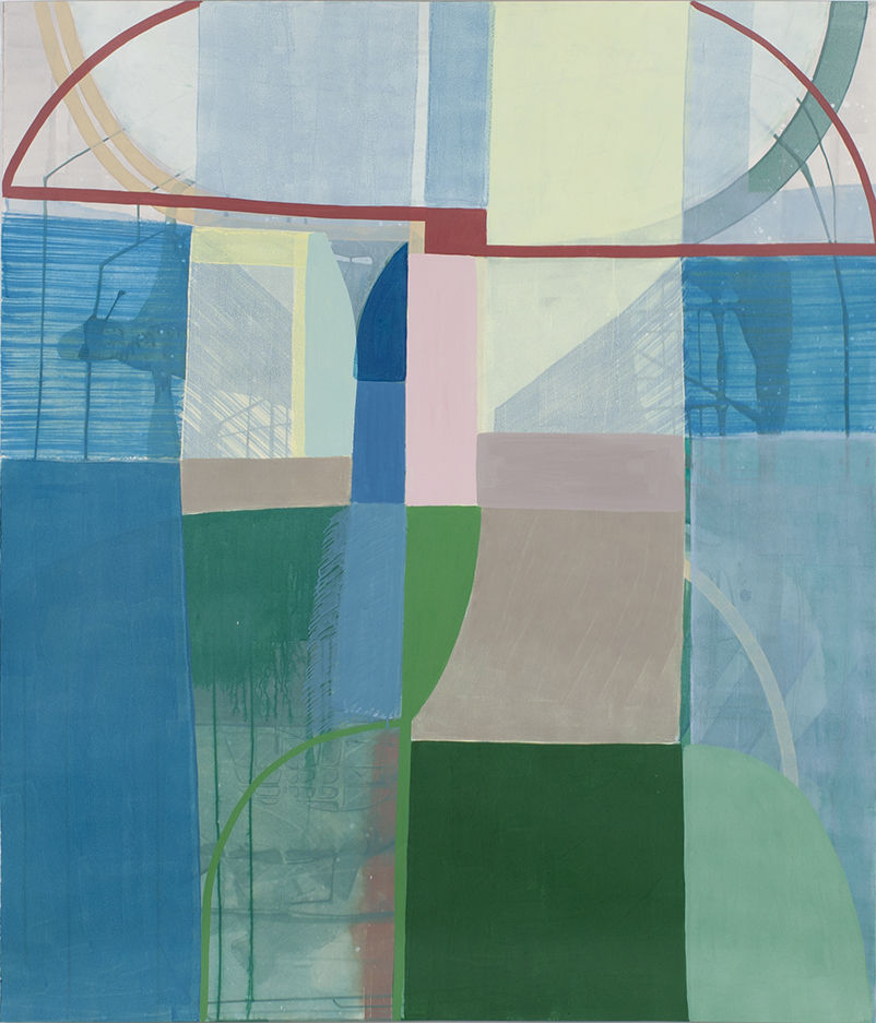 abstract painting with geometric shapes in green blue yellow and pink