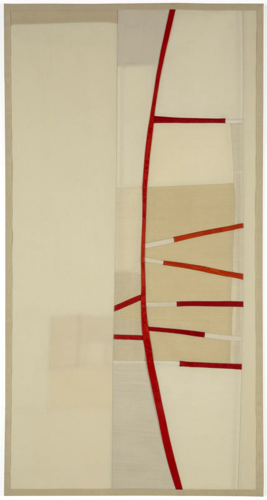 beige silk collage with thin red abstract lines