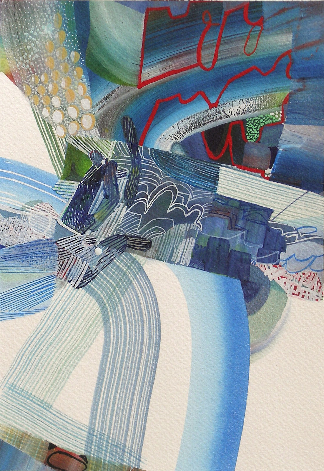 abstract watercolor painting in primarily blue and white. It's made up of blended and dry brushstrokes, with some red lines in the patterning on the top half.