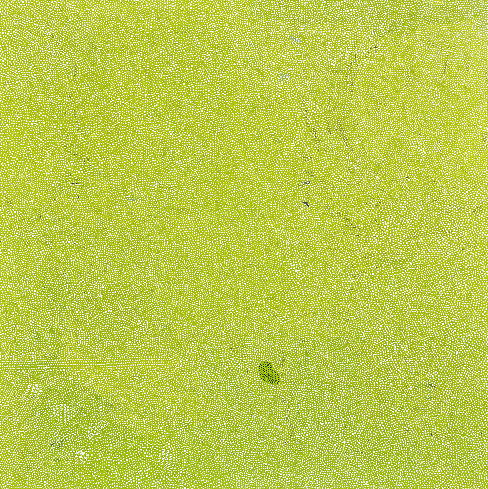 bright green abstract painting covered in white dots