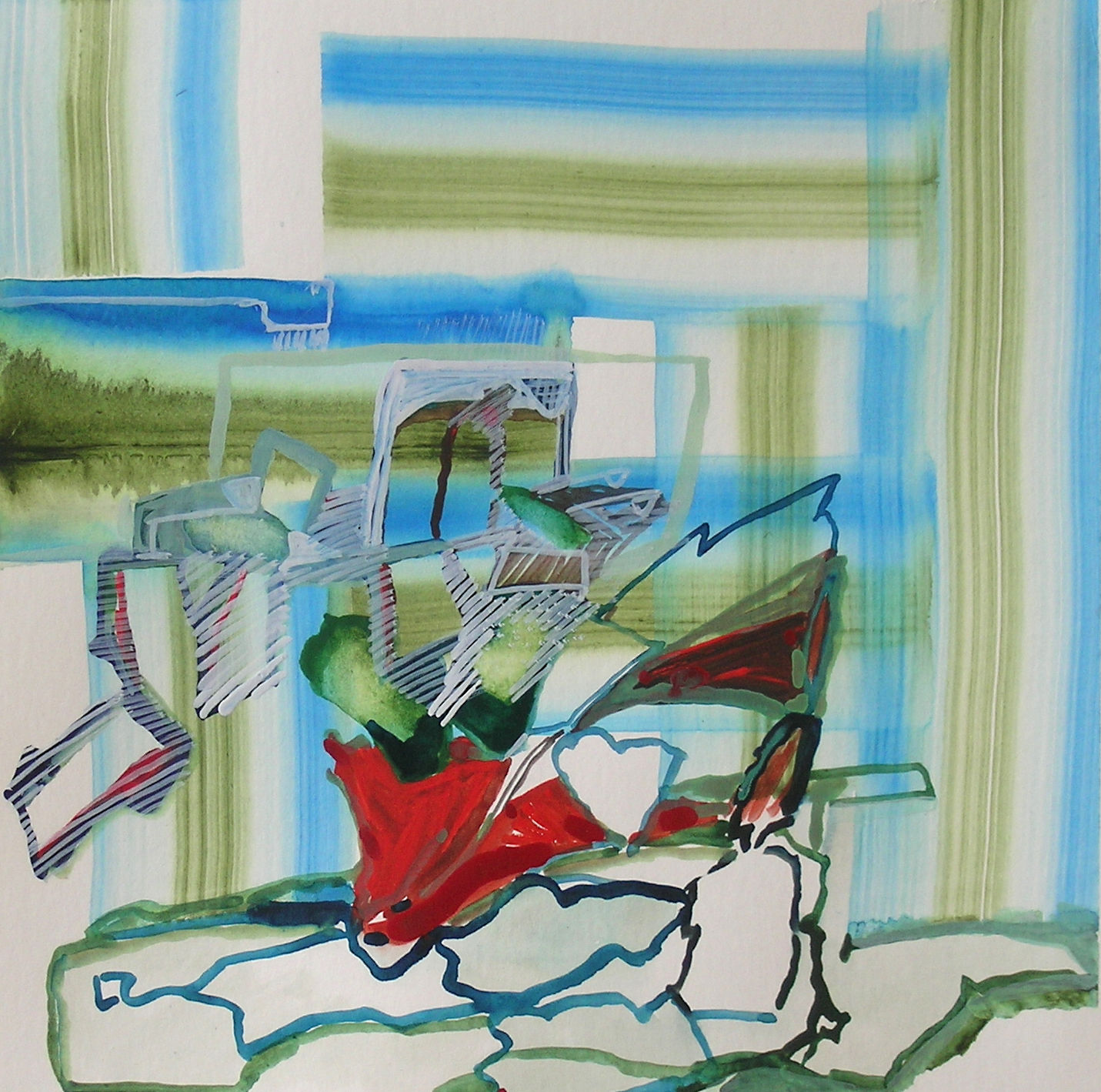 painting with blue and green stripes and abstracted red shape