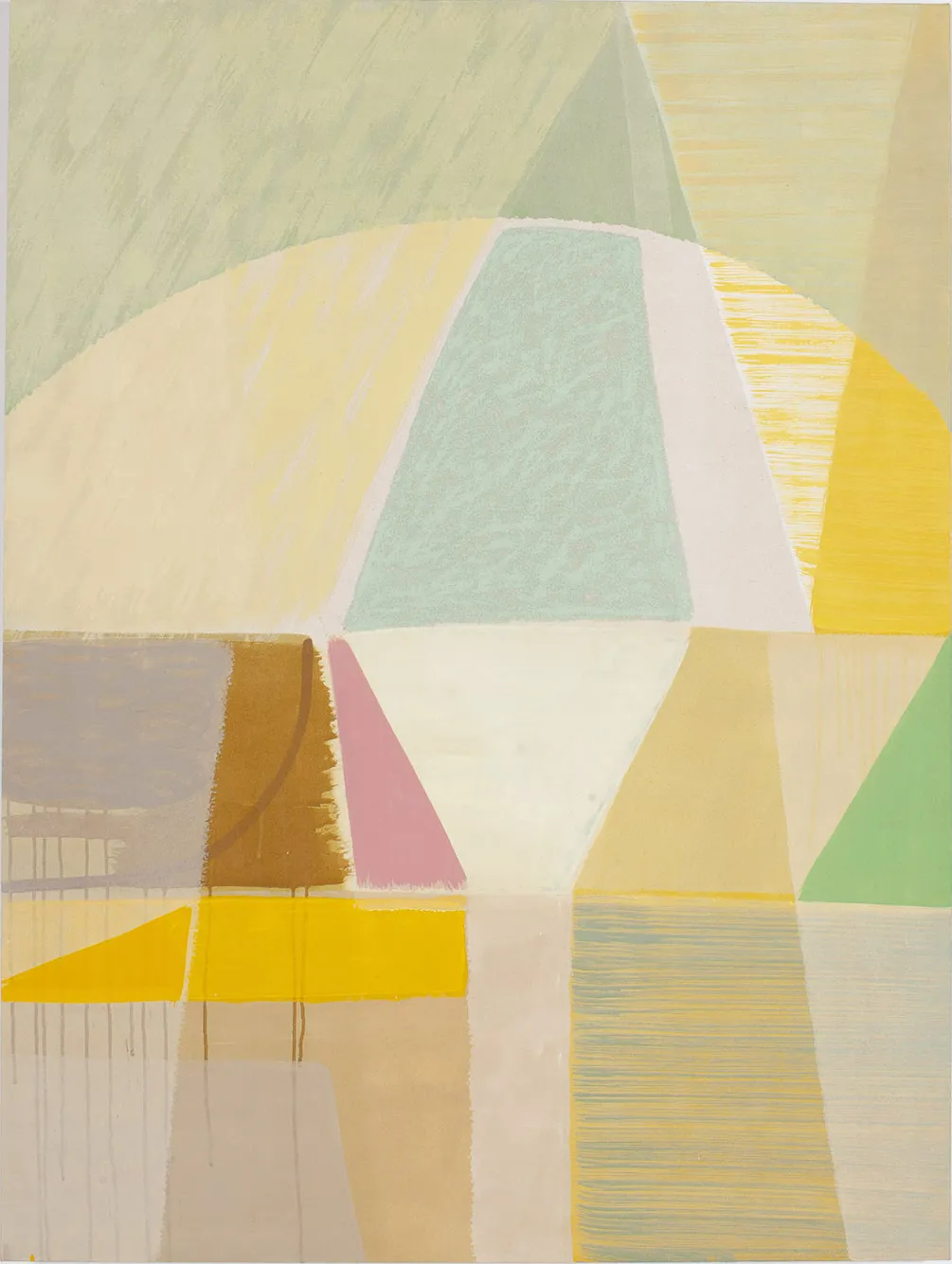 abstract painting with rough brushstrokes and bold shapes in rpastel shades of yellow, blue, and pinkn