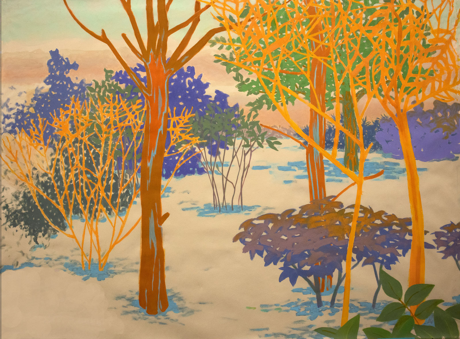 Painting of yellow, purple, and orange trees in the winter, with the ground covered in snow.