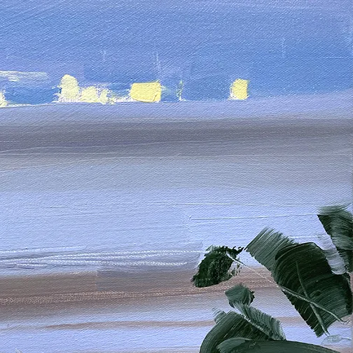 impressionistic painting of beach and ocean landscape in twilight hies of brown and muted blue