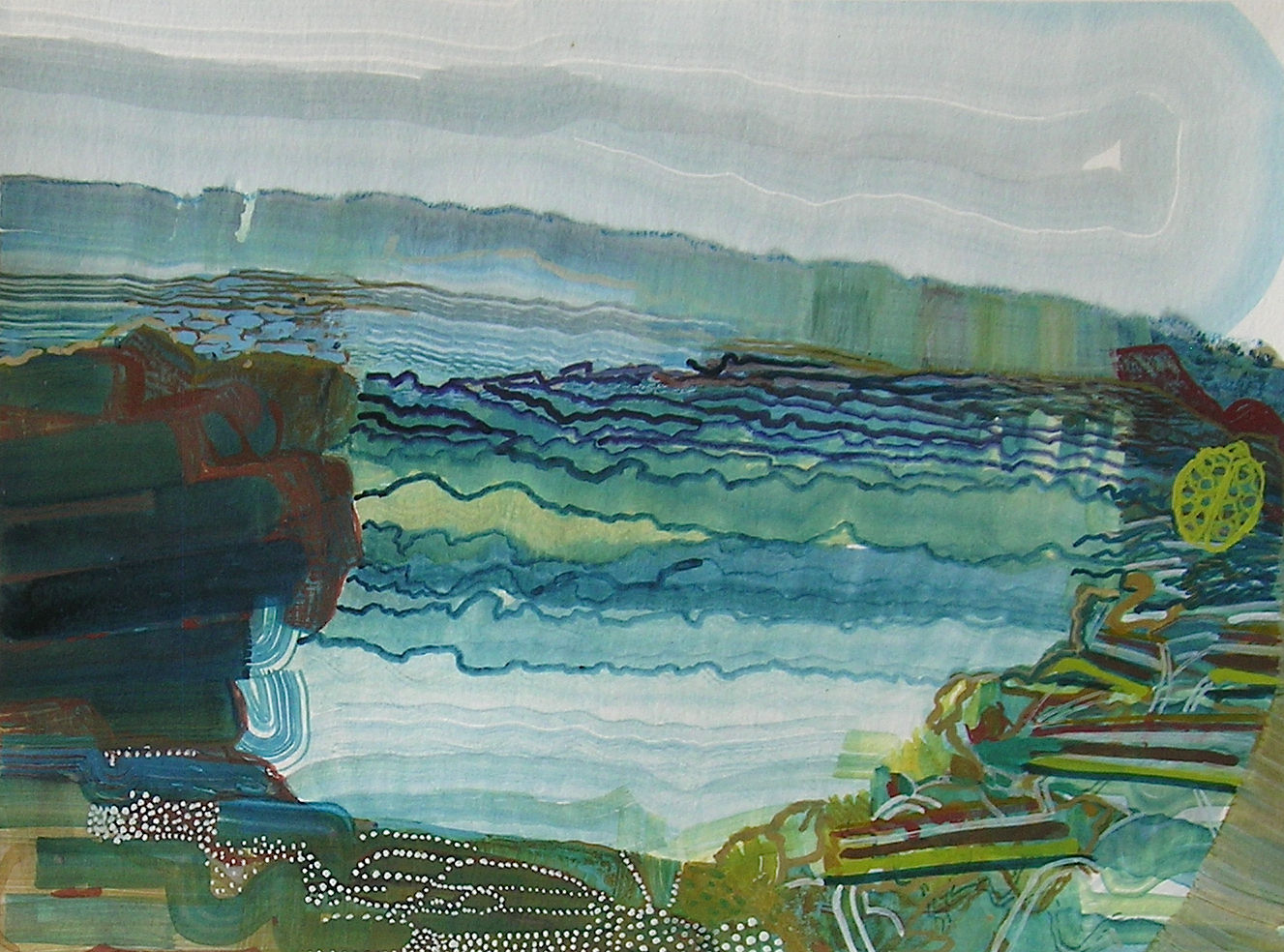 blue and green abstract painting, evocative of a landscape