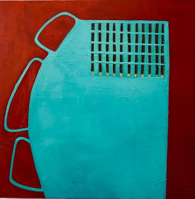 abstract painting with blue shape on red background