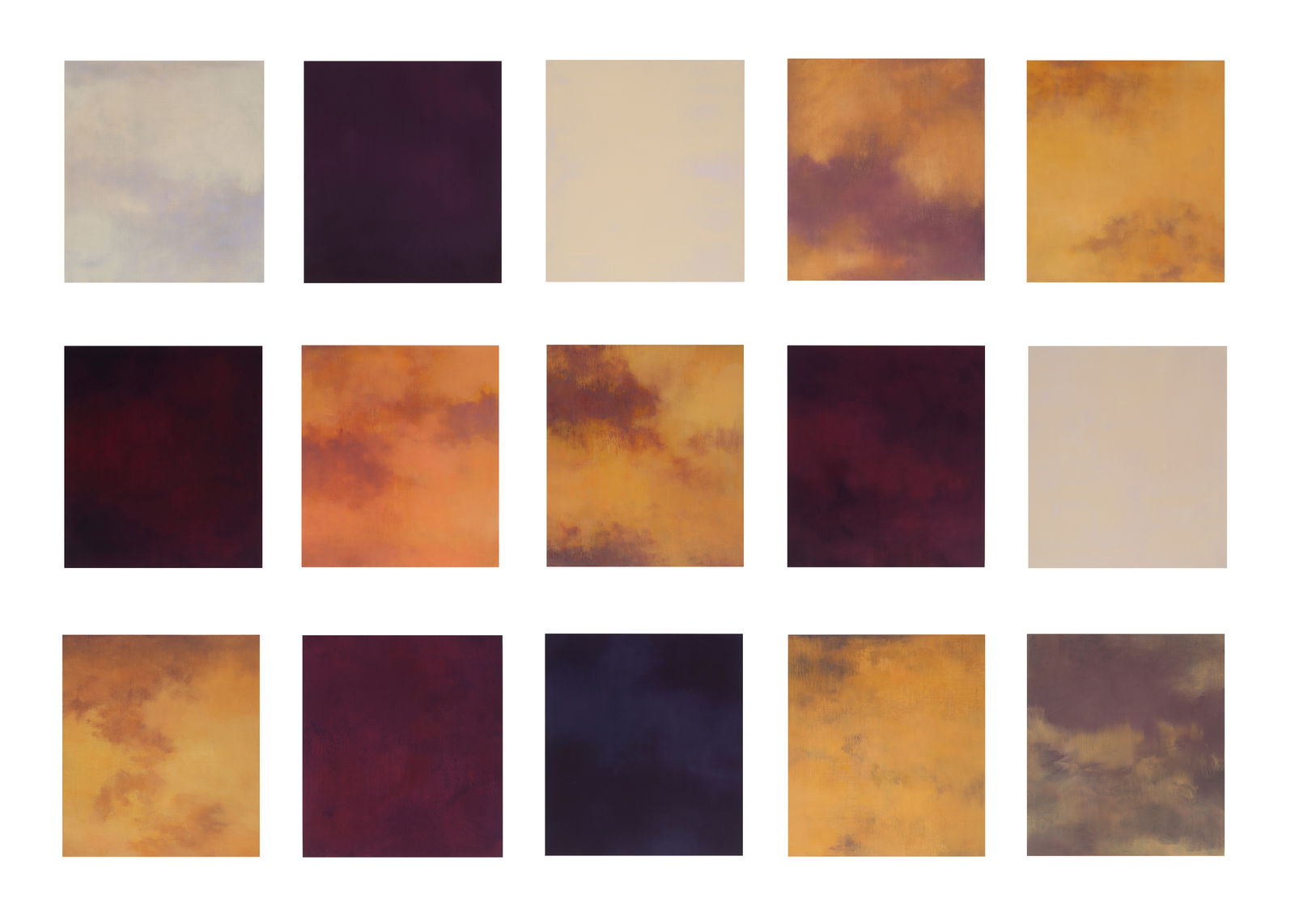 three rows of five panels in shades of ochre, gray, and maroon