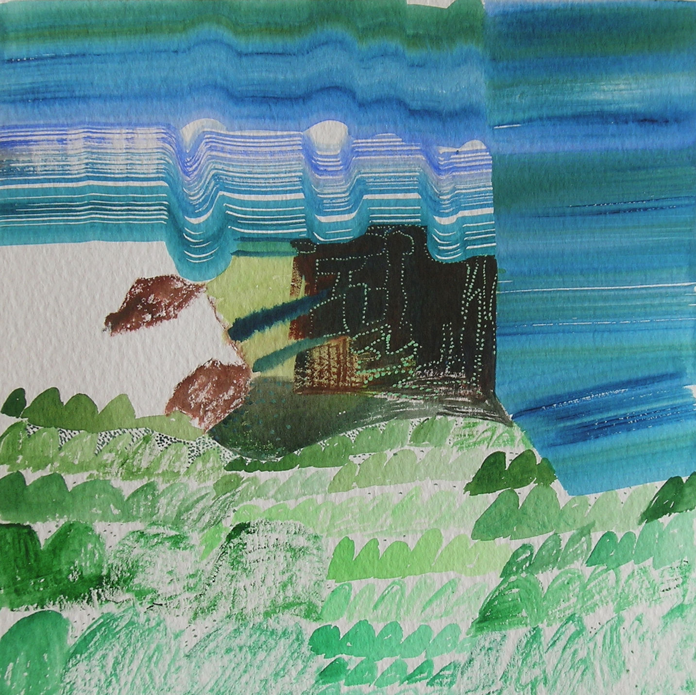 abstract painting with wavy green and blue lines