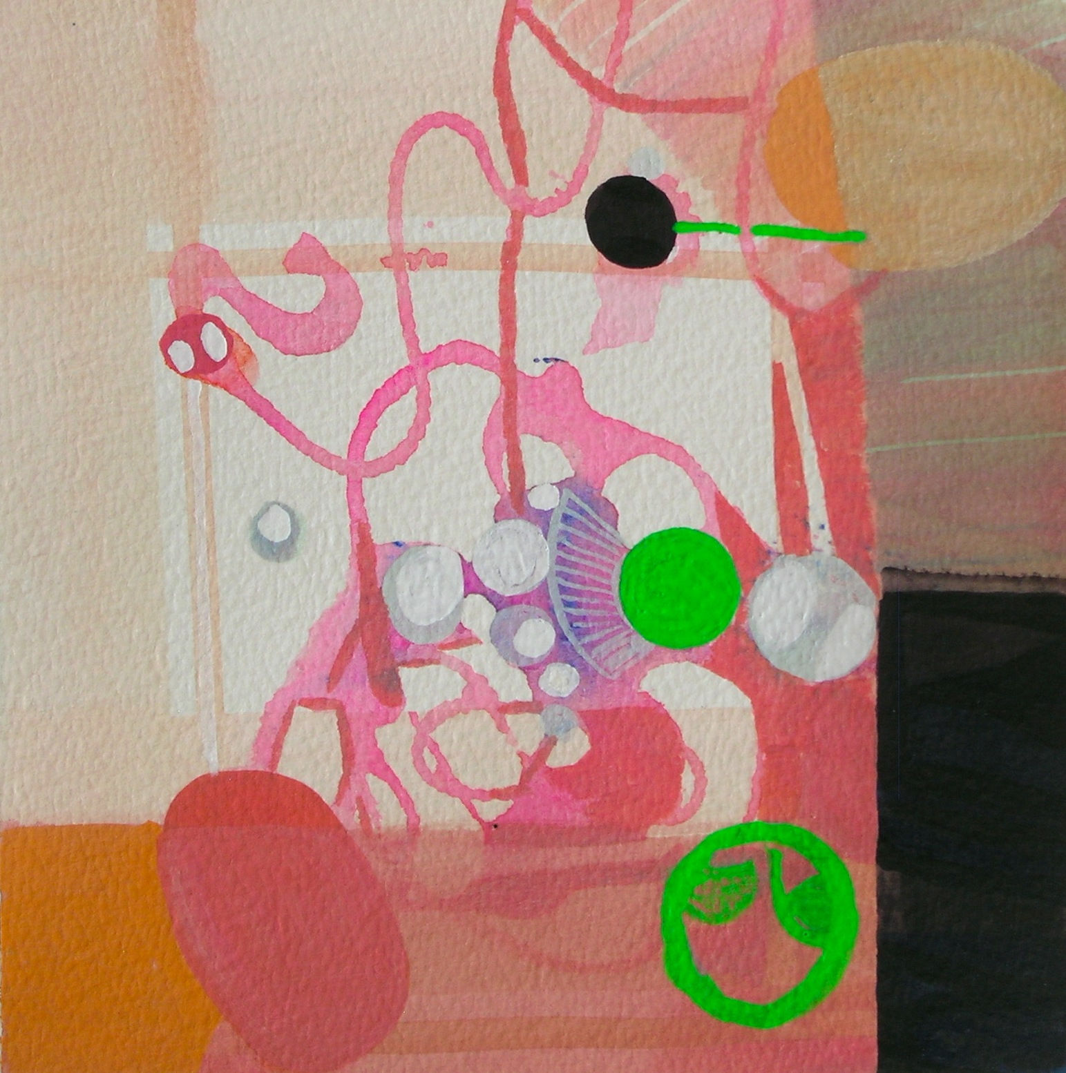 Abstract painting of curvy thin bubblegum pink shapes, and a much darker neutral panel on the right side.