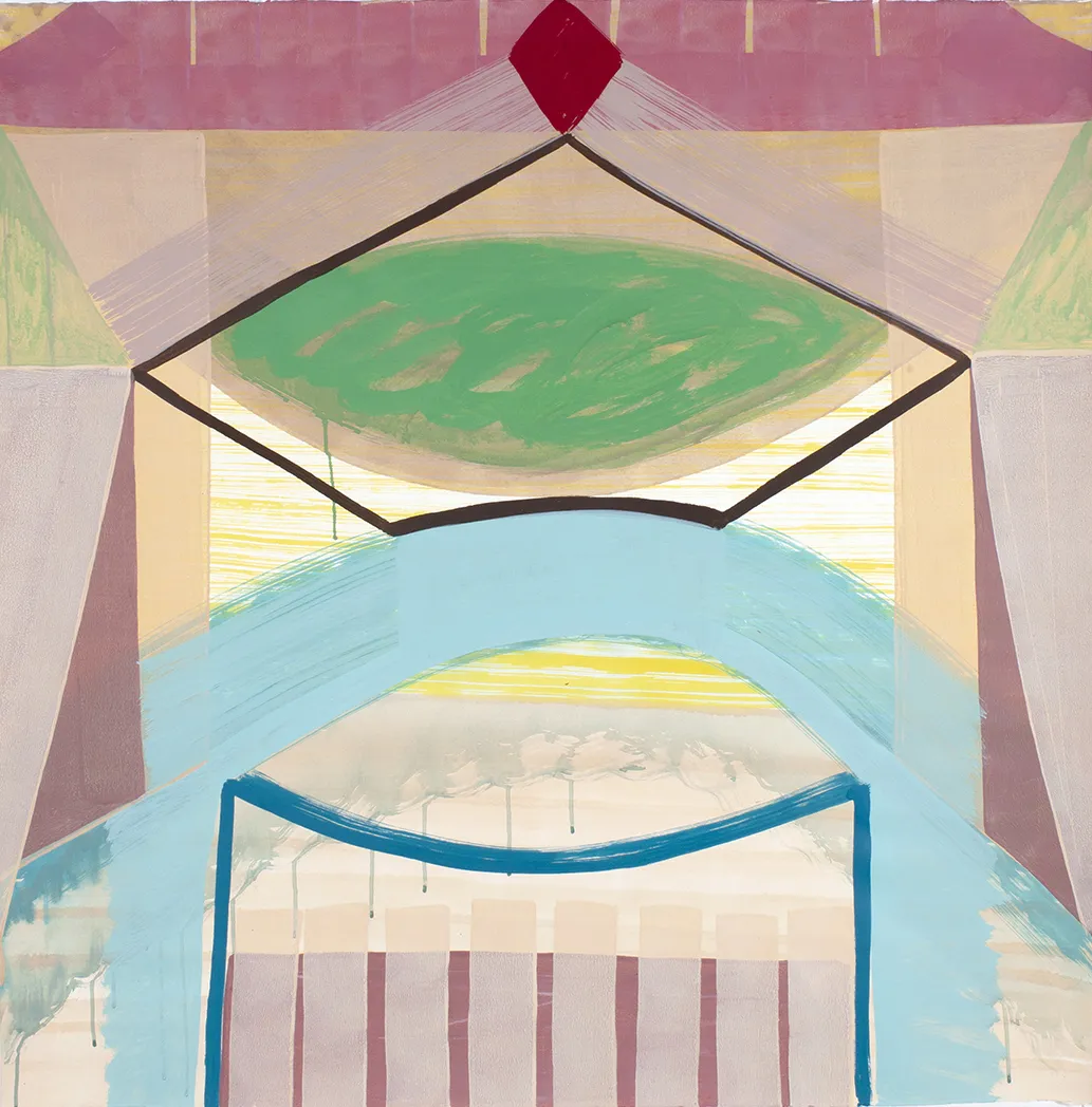 colorful abstract painting with bright pink, blue, and yellow