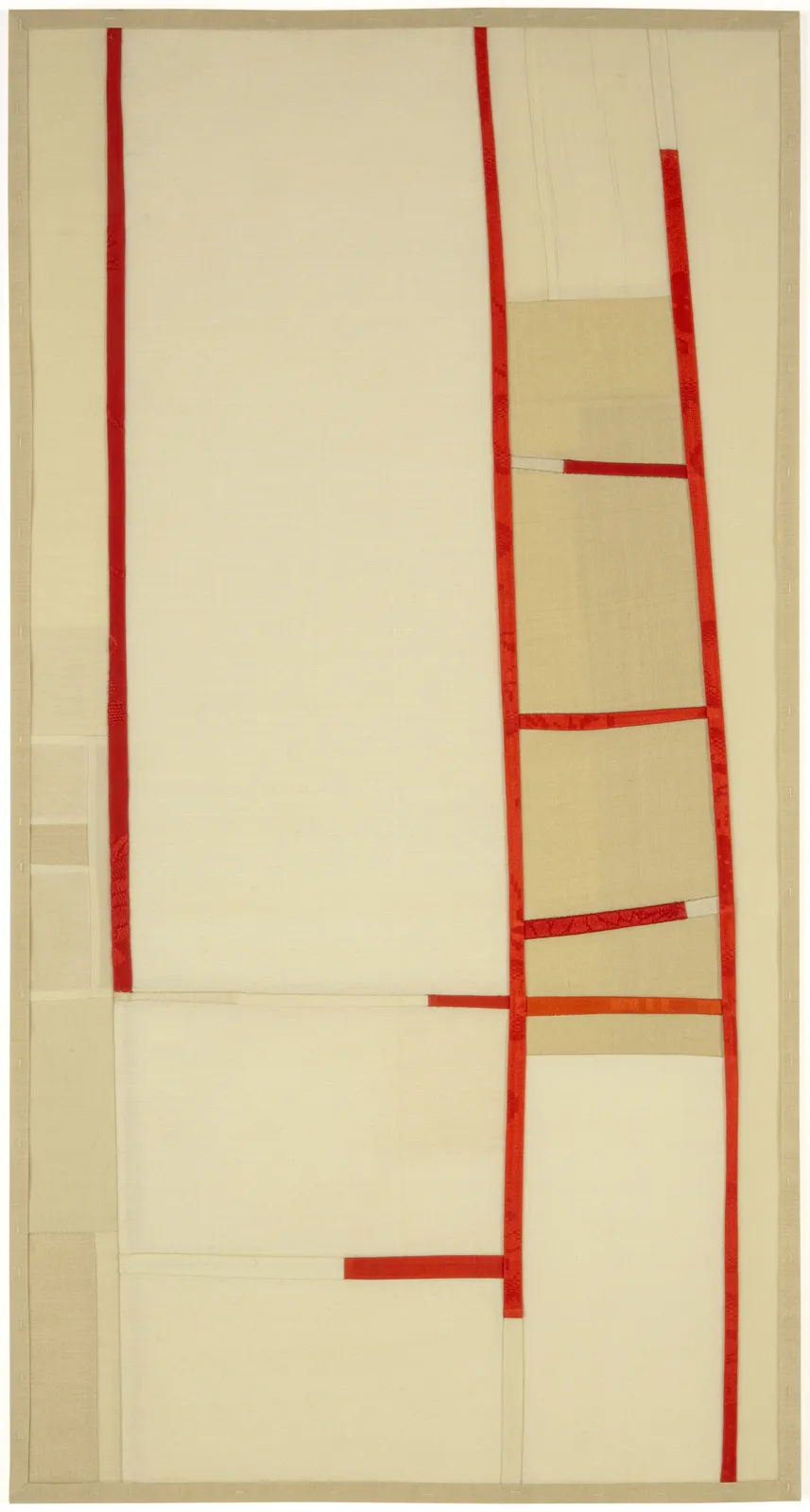 beige silk collage with thin red abstract lines