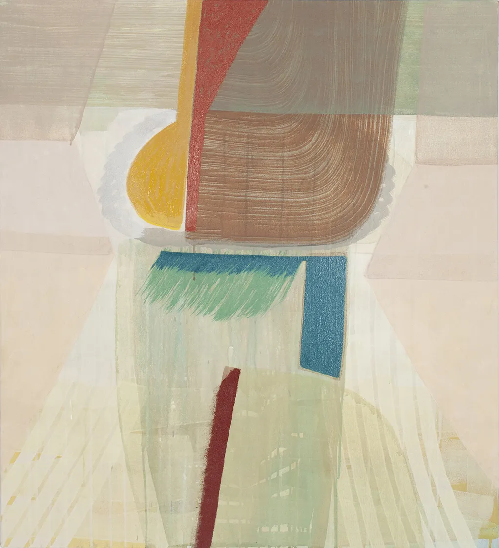 abstract painting with rough brushstrokes and bold shapes in red, blue, yellow, and brown