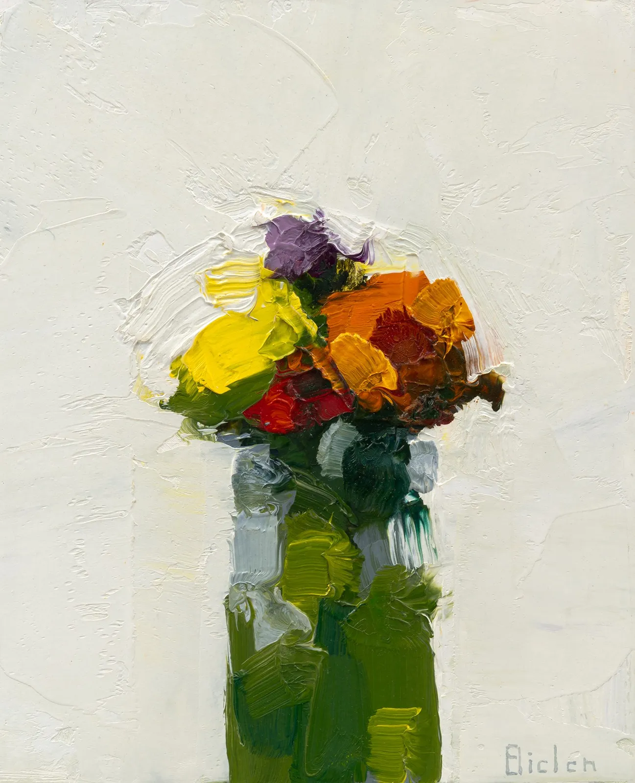 still life oil painting of flowers in a jar on a white background. The paint is applied thickly, in short brushstrokes.