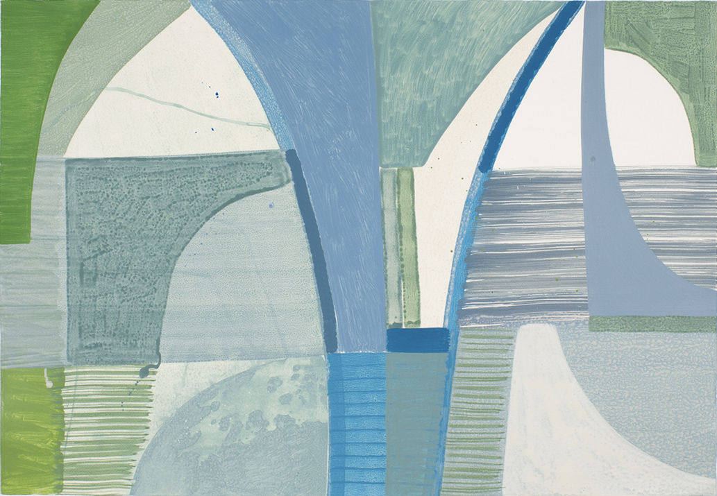 abstract blue and green painting with gestural brushstrokes