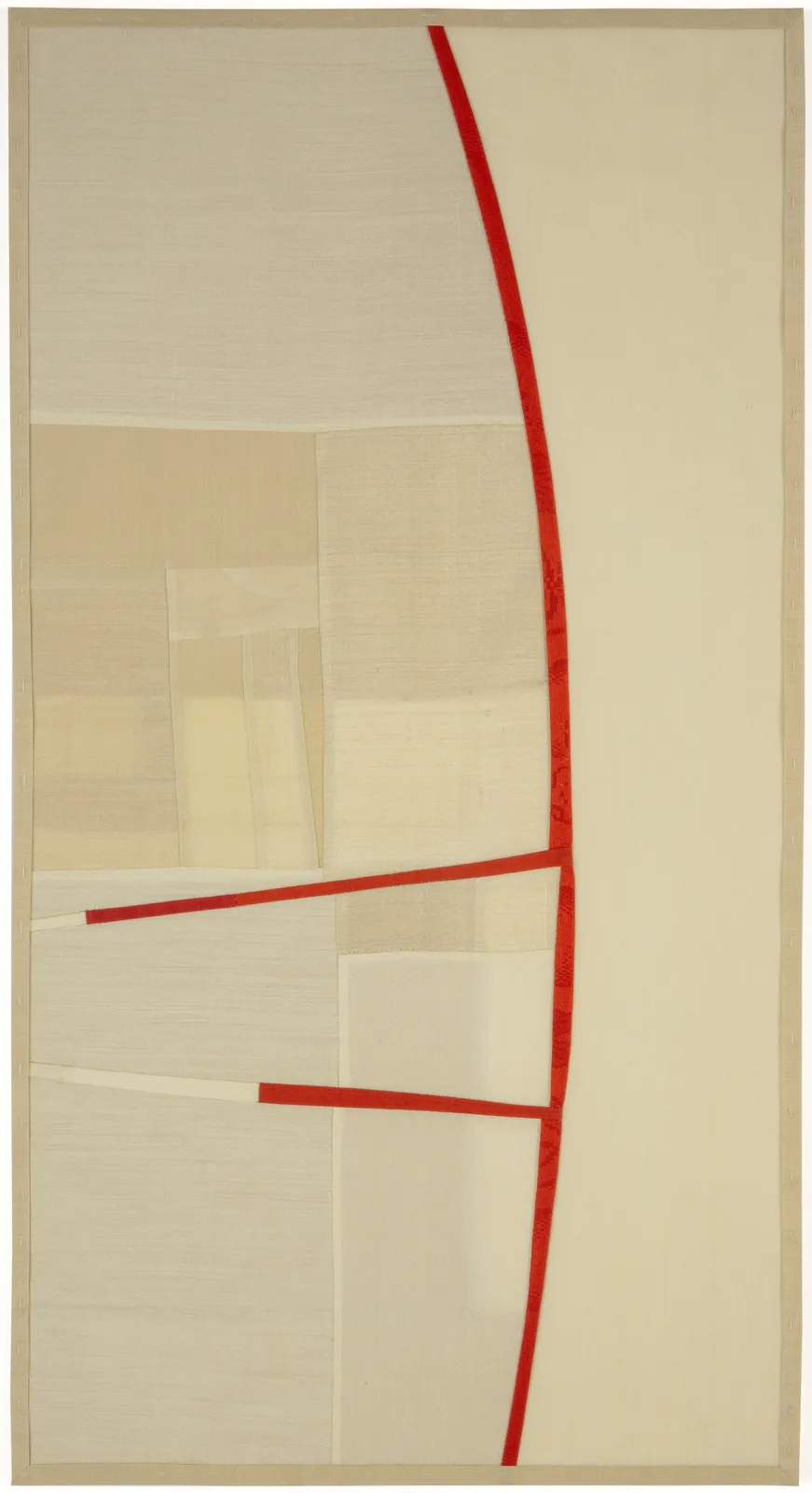 beige silk collage with thin red abstract lines