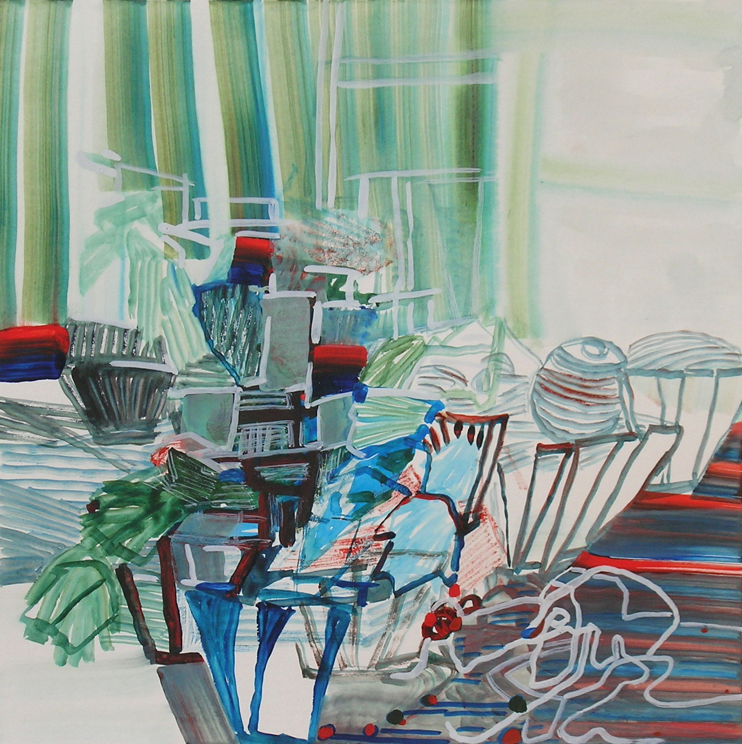 semi-abstracted painting of flower pots in shades of green and red