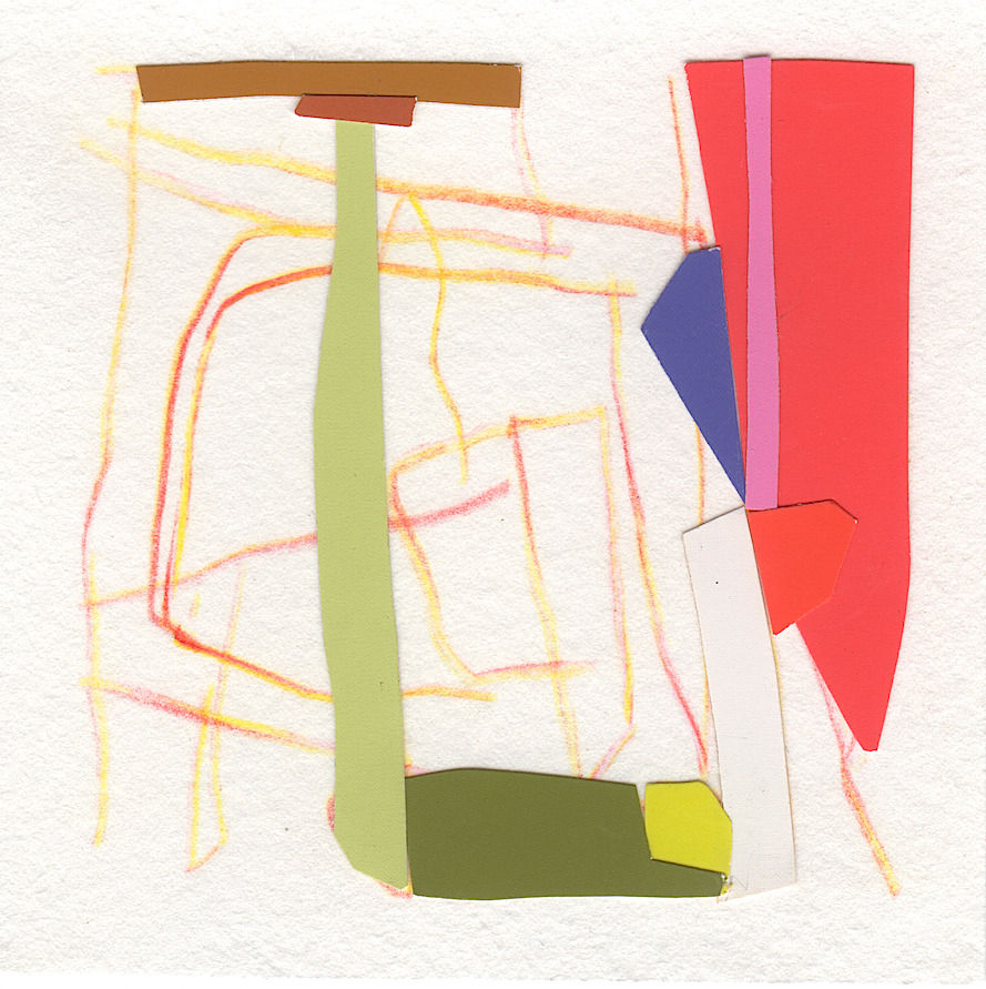 Abstract collage with one long green shape on the left, and a pointy bright red one on the right. There are messy red and yellow pencil lines in the background.