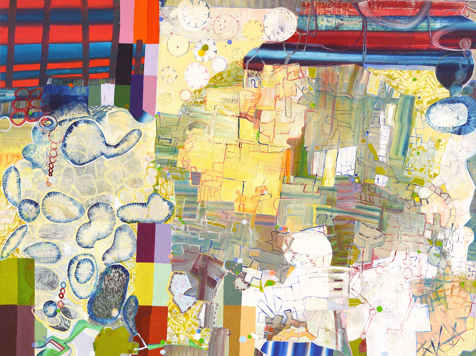 abstract oil painting with two primary color palettes of pale yellow and green, and a saturated red and blue. The whole painting is made up of smaller brushstrokes, which are still visible, but low in contrast.