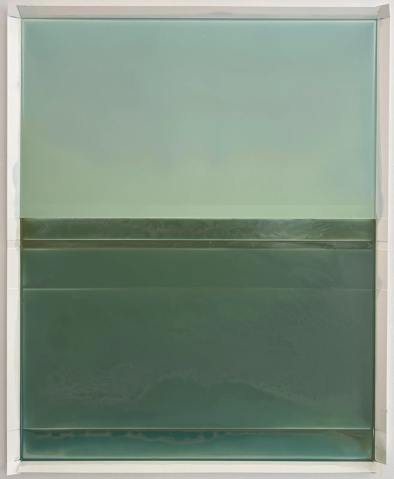 abstract work made of horizontally aligned segments in desaturated tones of green