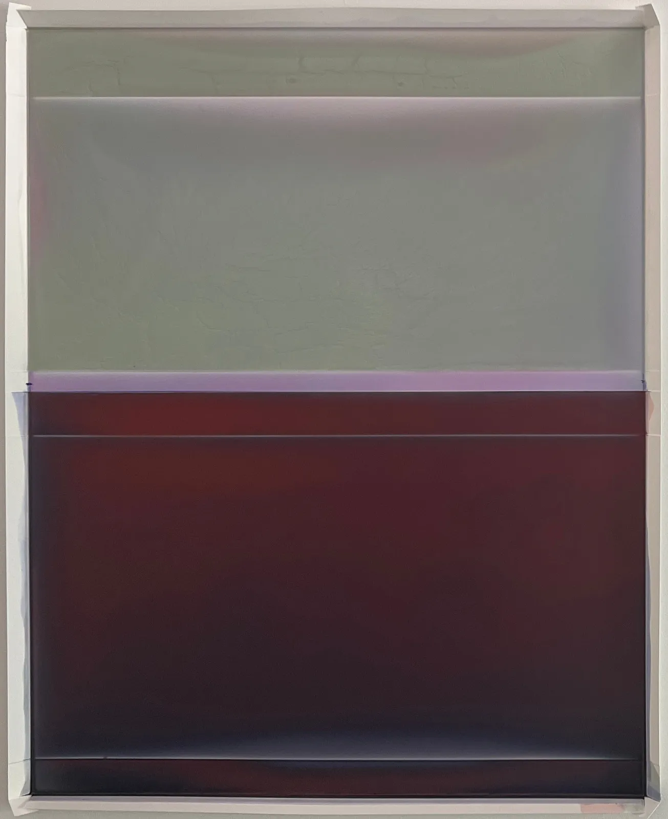 abstract work made of horizontally aligned segments in desaturated tones of red, pink, and green