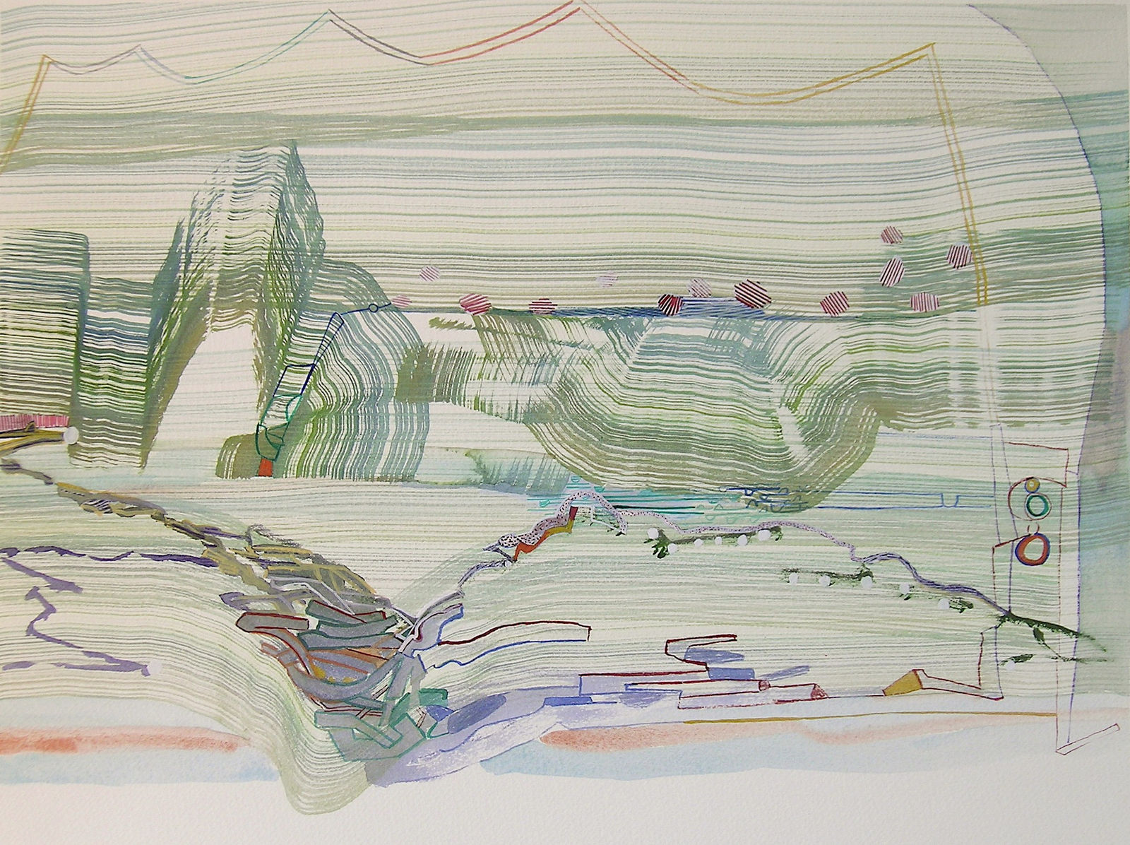 abstract painting made up of dry brush strokes in neutral green and blue.