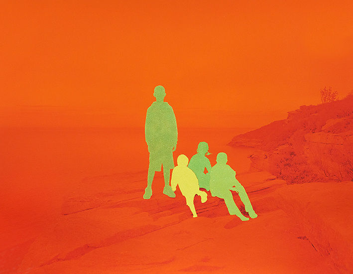 John Brinton Hogan, Artist and Sons on Cliffs Near Watson’s Bay, NSW, Australia, Exact Date Unknown, Probably Winter, 2003 (orange with green and yellow glitter flocking), 2017