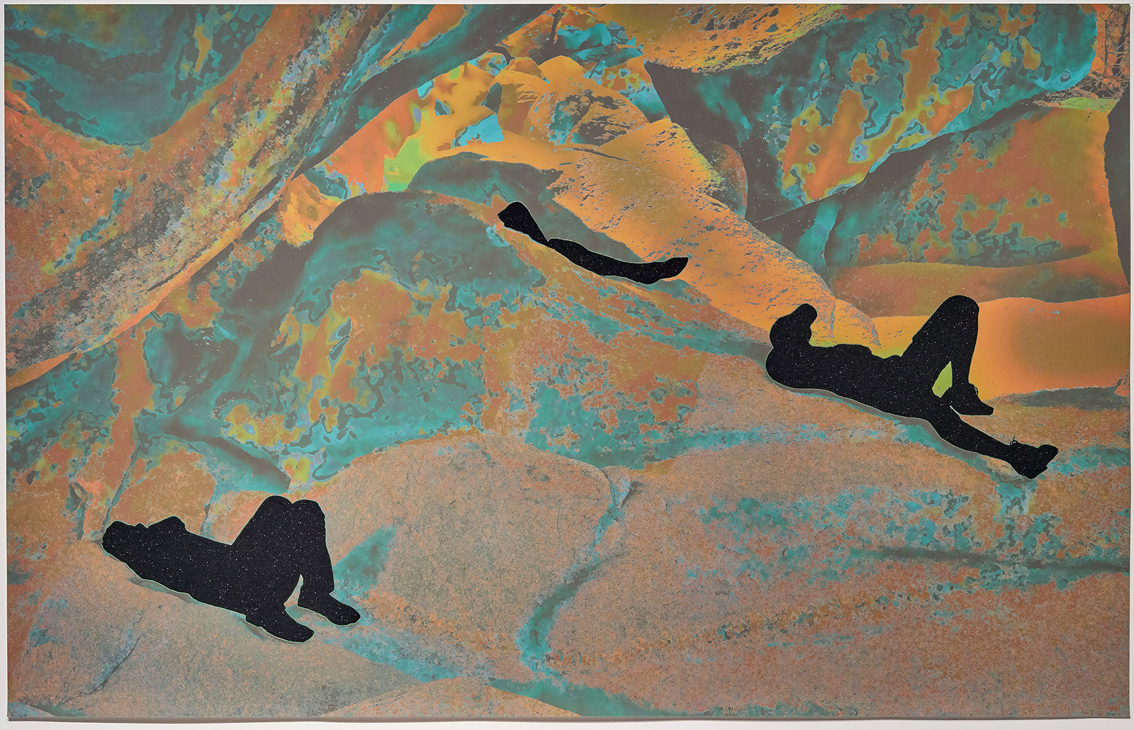 John Brinton Hogan, Hikers Resting Under Boulders, near Tinajas Altas, Camino del Diablo, Barry M. Goldwater Range, Arizona, March 2014 (Grey, turquoise, orange with black glitter flocking), 2019