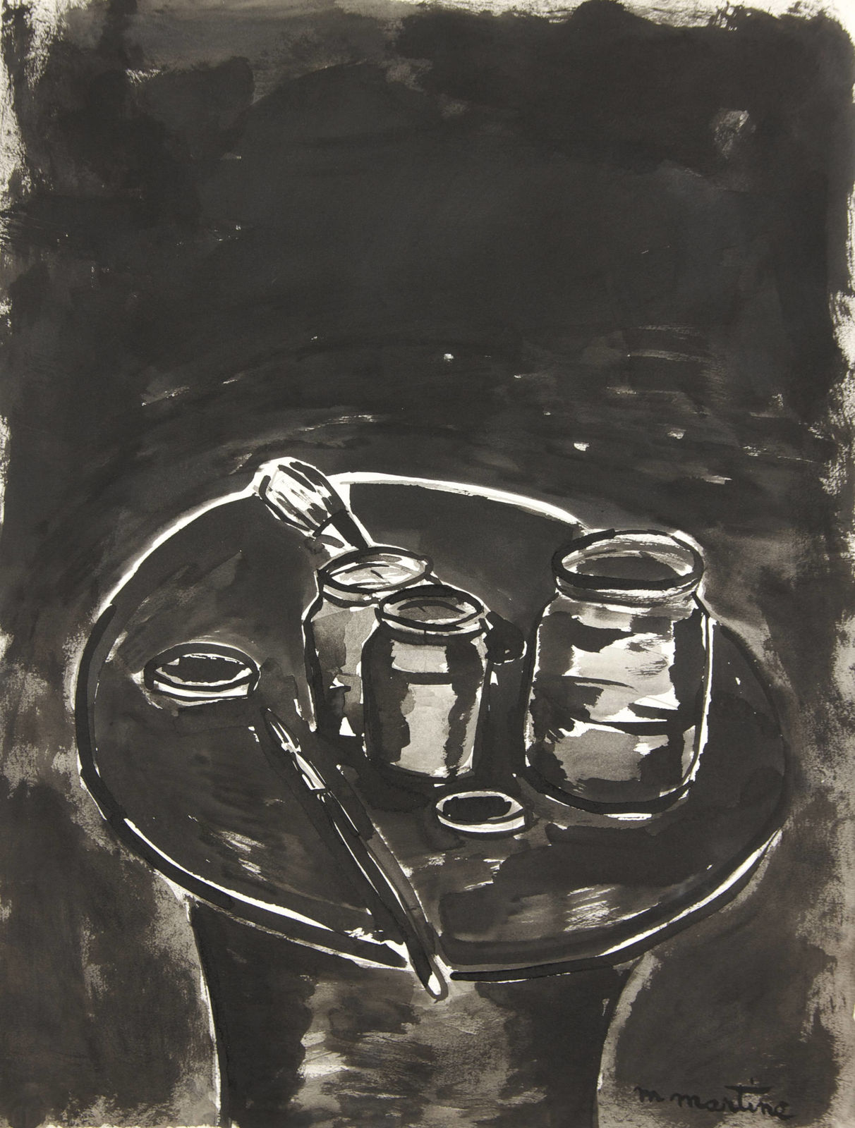 Martine Martine, Pots d'encre et Pinceau sur tabouret sombre, 1989