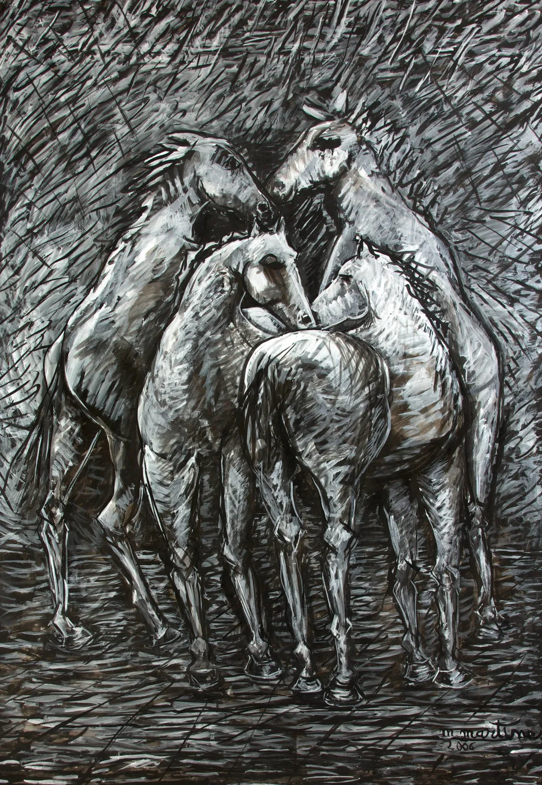 Martine Martine, Quatre Grands Chevaux fond noir et blanc, 2006
